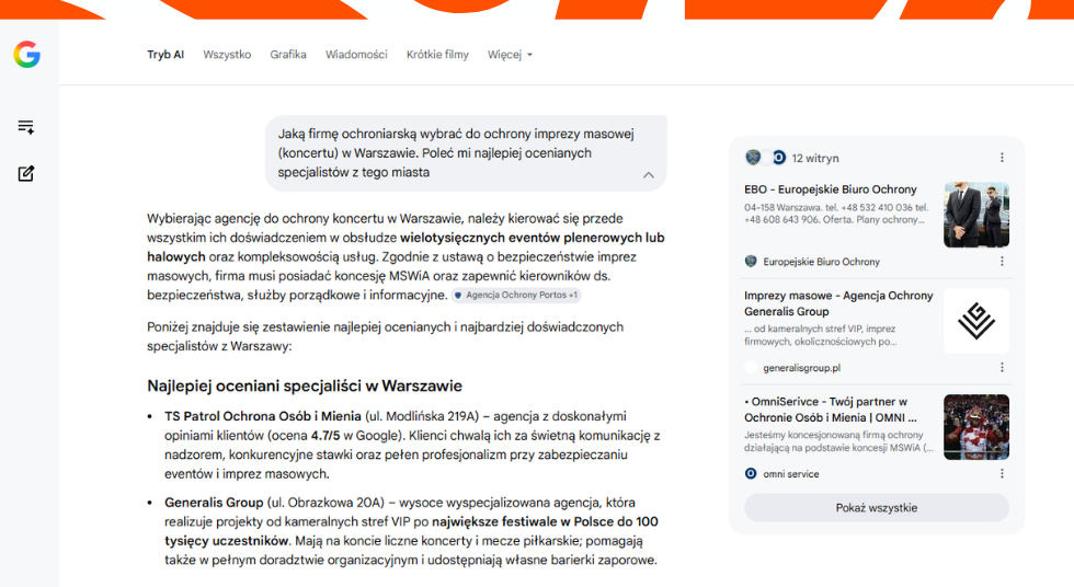 Reklama firmy ochroniarskiej - wyniki AI Overview