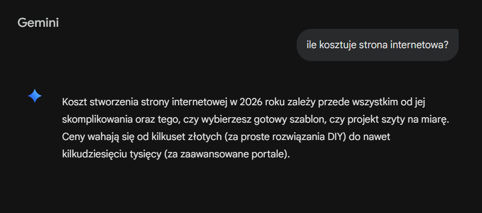 Gemini: ile kosztuje strona internetowa Koszt strony internetowej według Gemini