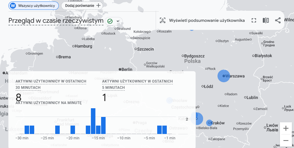 ALT: Dane w czasie rzeczywistym w Google Analytics – aktywni użytkownicy na stronie