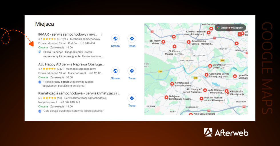 Przykładowy widok serwisów klimatyzacji inwestujących w Google Maps Serwis klimatyzacji samochodowej w Google Maps