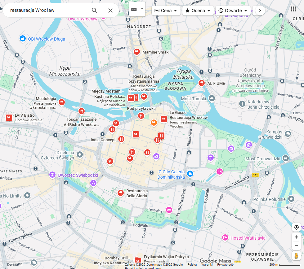 Wyniki w Google Maps dla restauracji