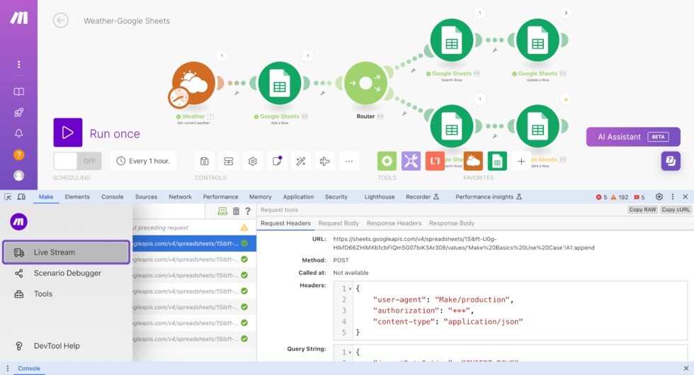 Make Dashboard - Panel główny Make do tworzenia i zarządzania automatyzacjami.