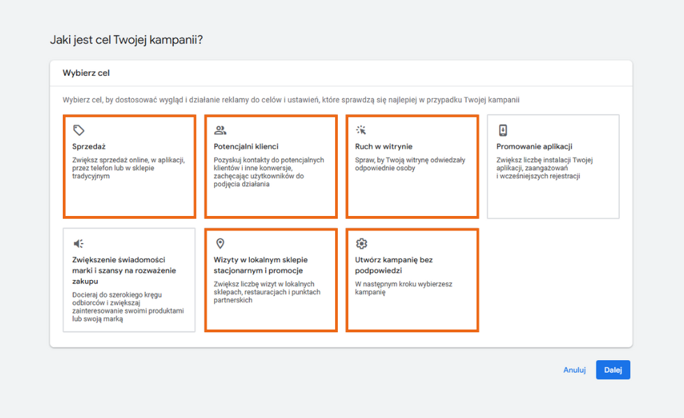 Wybór celu kampanii Performance Max