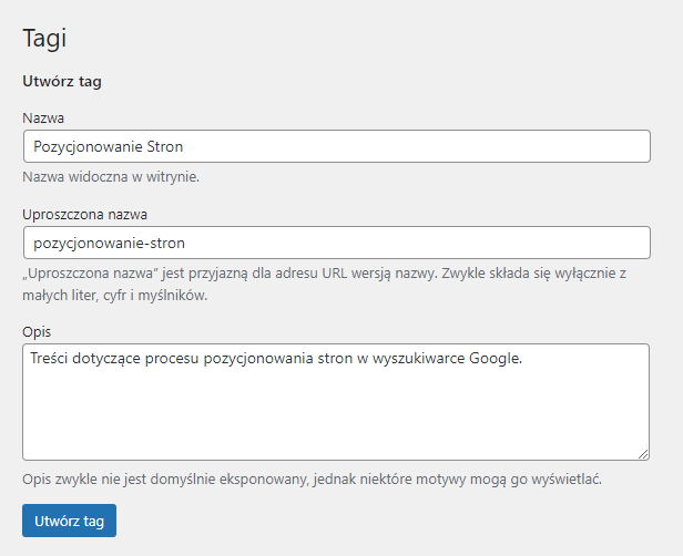 Tworzenie nowych tagów w panelu WordPress