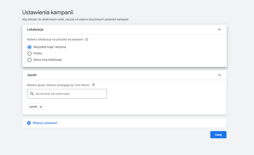 Wybór ustawień kampanii Performance Max