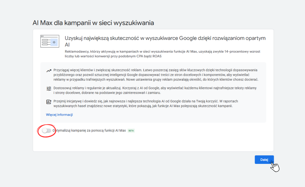 Wdrożenie kampanii AI Max