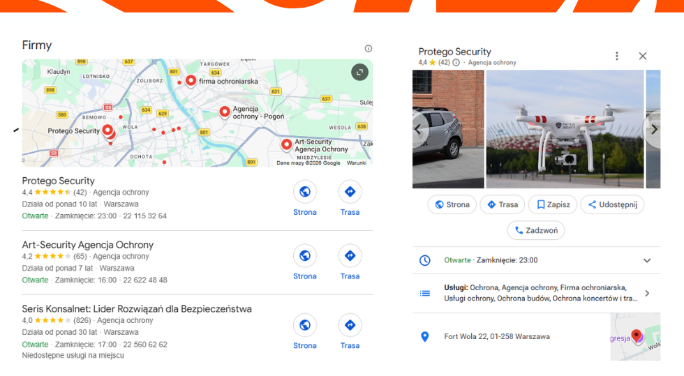Firma ochroniarska - wizytówka Google Maps